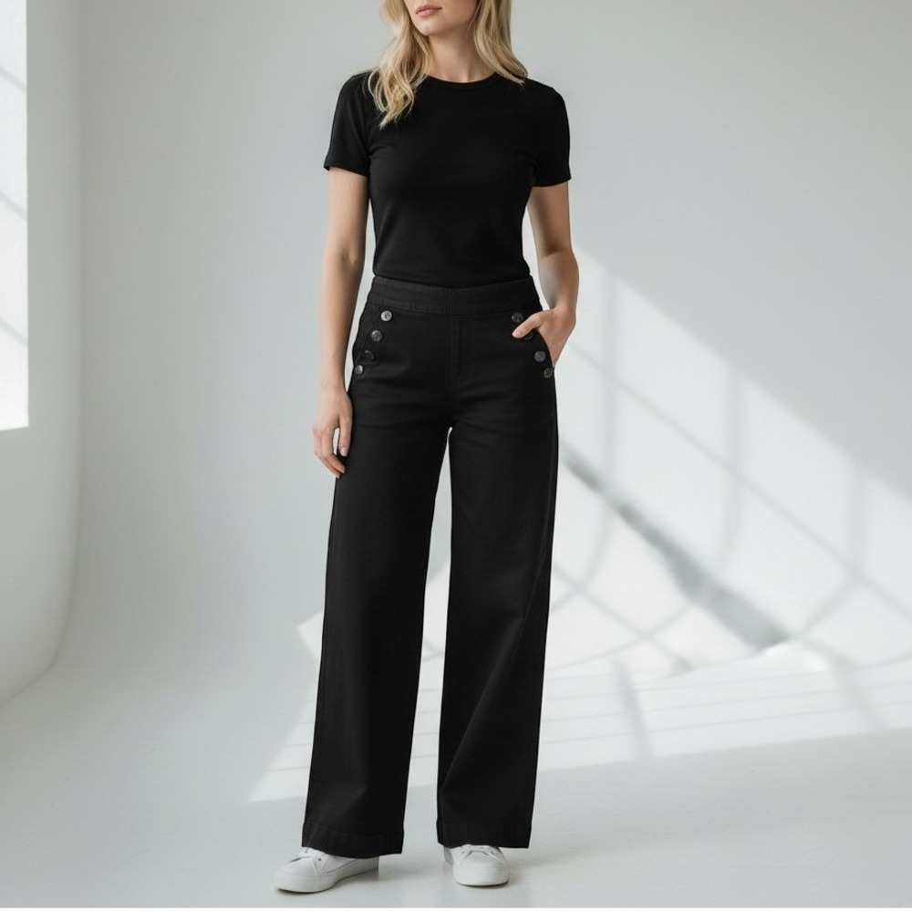 Chicos Pull On Wide Leg Jeans Black Sailor Button Stretch Pants Size 2T 12T Tall
